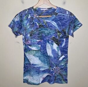 Y2K Before + Again | Blue Green Floral Burnout V-neck Tee Size Small.